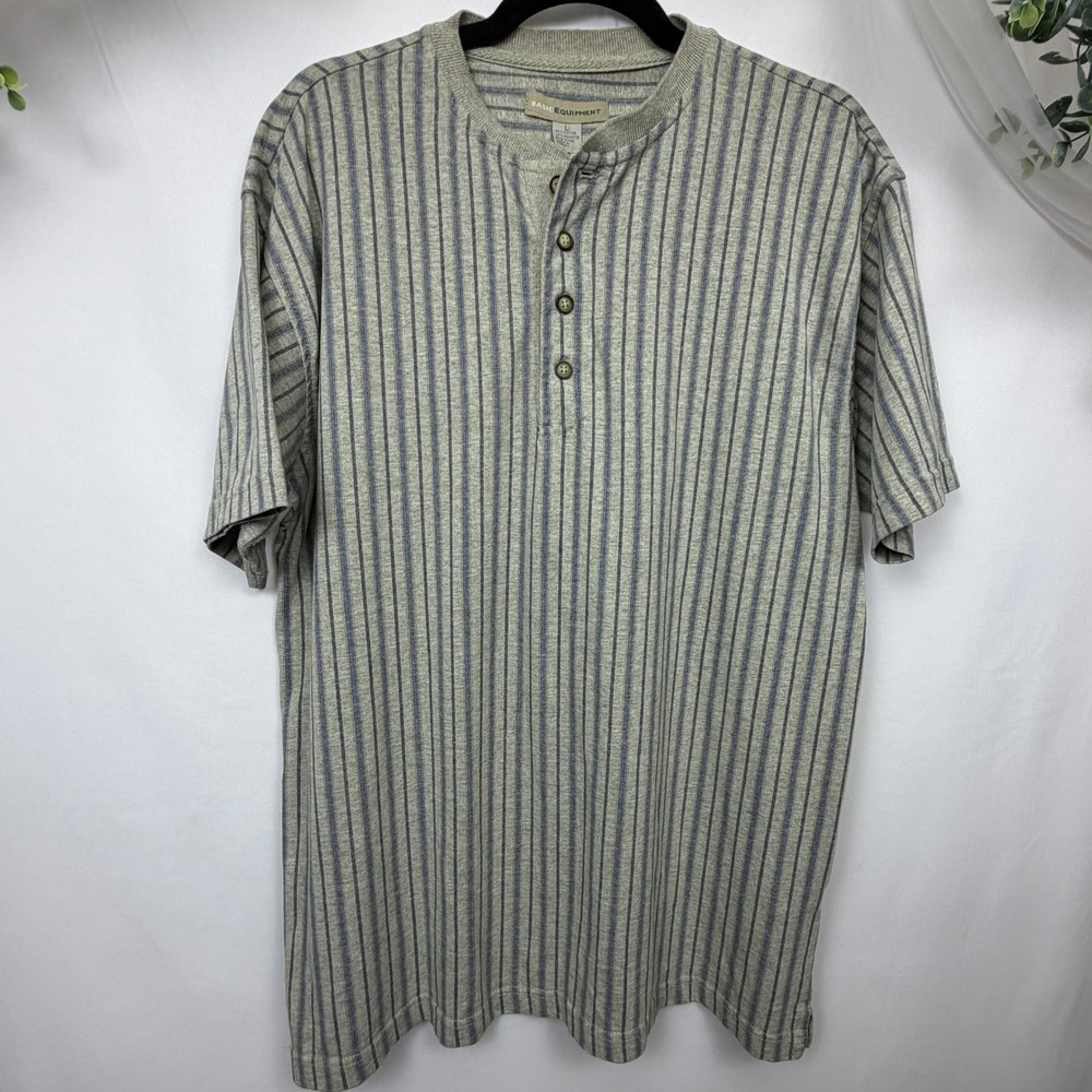 Basic Equipment Mens Large Henley Shirt Short Sleeve Grey Blue Striped Cotton L